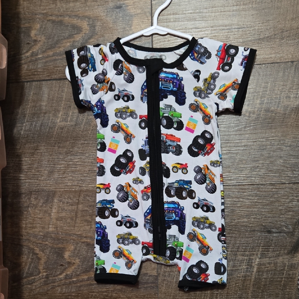 0-3 Baby Bamboo Monster Truck Romper - White with Multicolor Trucks